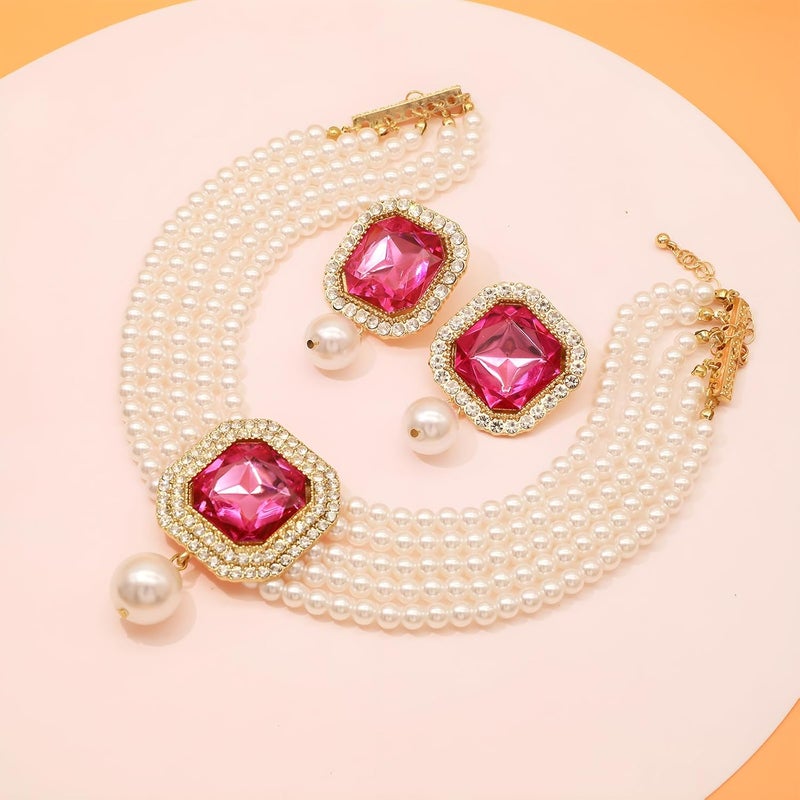 CIOOU Pearl Choker Necklace for Women Gold Crystal Rhinestone Pearl Collar Statement Necklaces Earrings Bridal Pearls Diamond jewelry Set for Wedding - Image 5